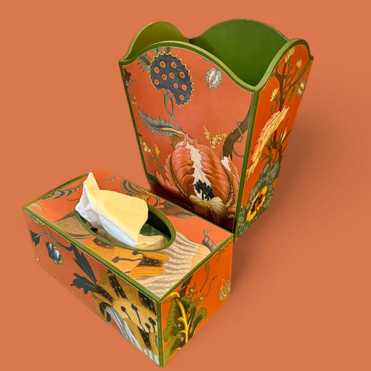 Shoreditch - Matching set - Waste paper bin & square or rectangle tissue box cover - Decoupage in Artemis by House of Hackney in Sienna colourway