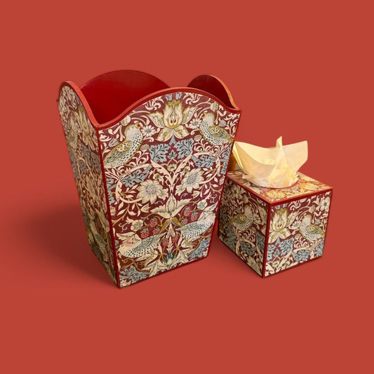 Kelmscott 'The red edit' - Waste paper bin set & square or rectangle tissue box cover - Decoupage in Strawberry Thief/Clarke & Clarke in plum colourway