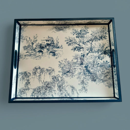 Paris - Ottoman tray available in 4 x sizes - Decoupage in Navy Toile de Jouy in navy colourway