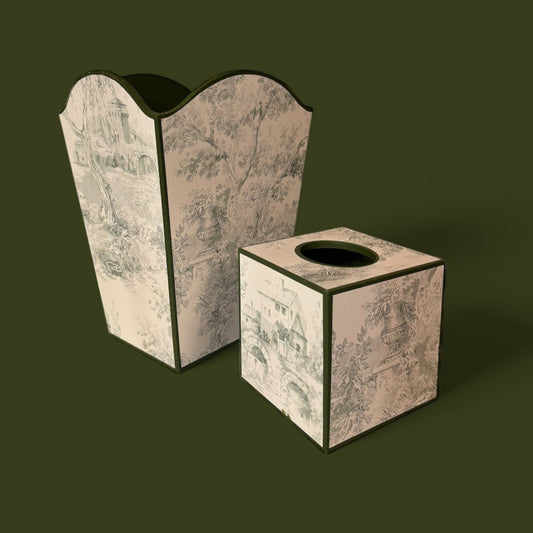Green Toile de Jouy Waste paper bin, waste paper basket, square tissue box cover matching set. Handmade by Beatrice Bloom London