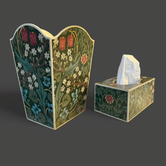 Marylebone - Matching set - Waste paper bin & square or rectangle tissue box cover - Decoupage in William Morris Blackthorn By Morris & Co in archive colourway