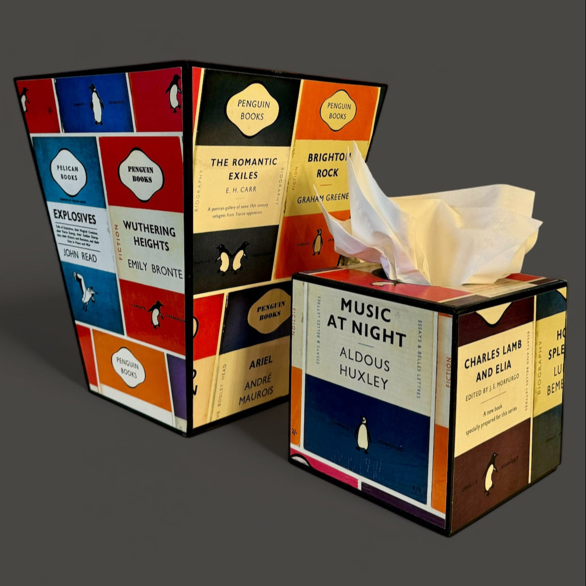 Oxford Waste paper bin & tissue box cover, bedroom bin, study bin, bathroom bin Penguin Library. Handmade by Beatrice Bloom London