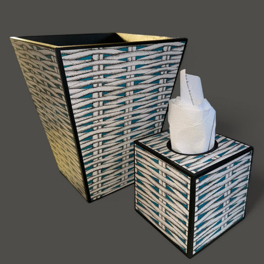 Christian Lacroix X Designers Guild Barbade Aqua waste paper bin & tissue box holder set,handmade by Beatrice Bloom London