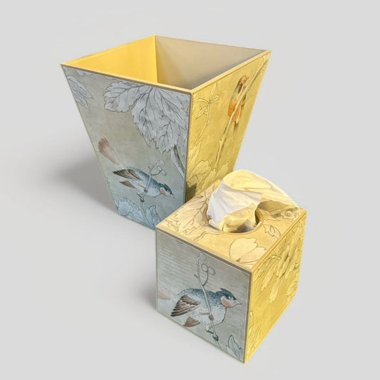 Chiswick - Matching set - Waste paper bin and square or rectangle tissue box cover - Decoupage in Chiswick Grove by sanderson in gold colourway