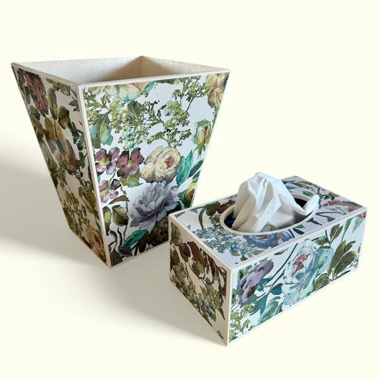 Hove - Matching set - Waste paper bin and square or rectangle tissue box cover - Decoupage in Designers Guild Mansur zinc colour way