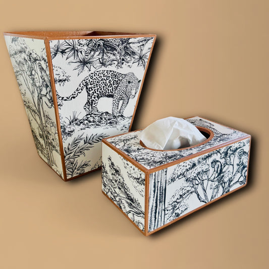 Cape Town - Matching set option for square or rectangle tissue box cover - Decoupage in Kisumu by Clarke & Clarke in black/white colour way.
