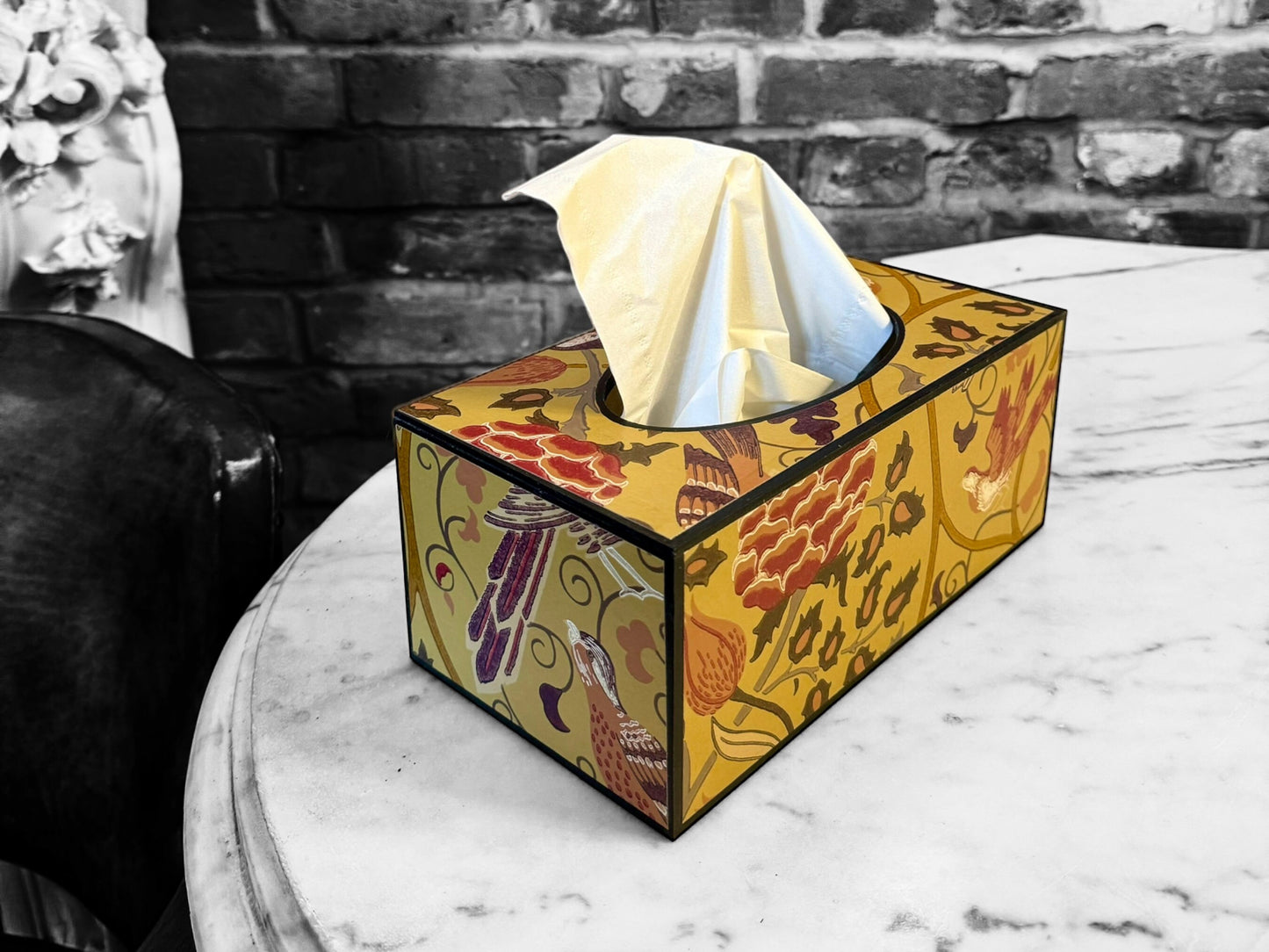 ASCOT - rectangle tissue box cover - Decoupage in Seasons by May/Morris & Co in saffron yellow colourway