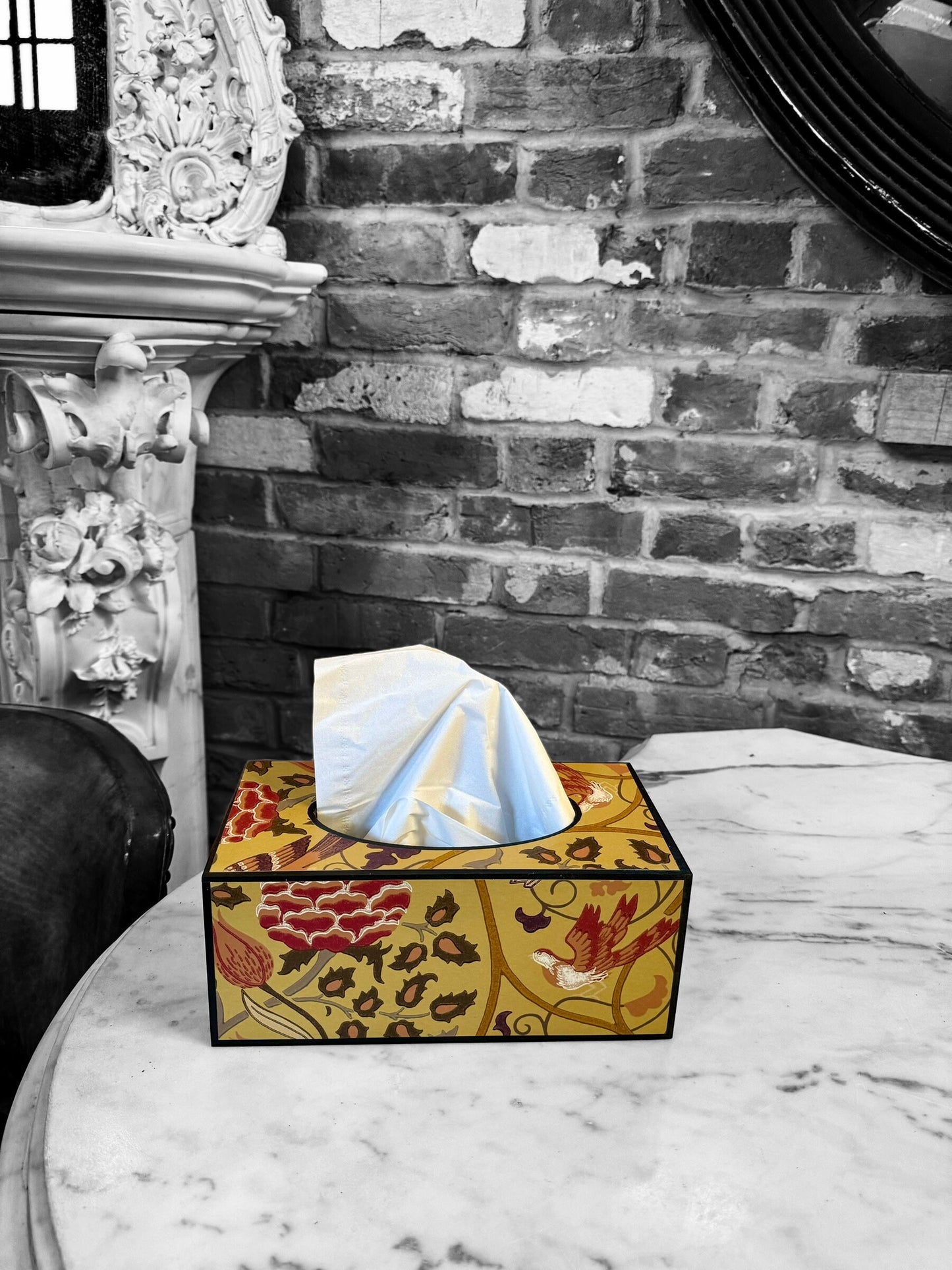 ASCOT - rectangle tissue box cover - Decoupage in Seasons by May/Morris & Co in saffron yellow colourway