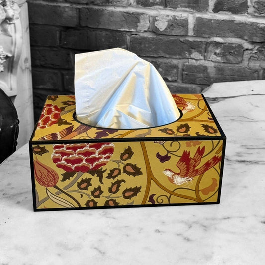 ASCOT - rectangle tissue box cover - Decoupage in Seasons by May/Morris & Co in saffron yellow colourway