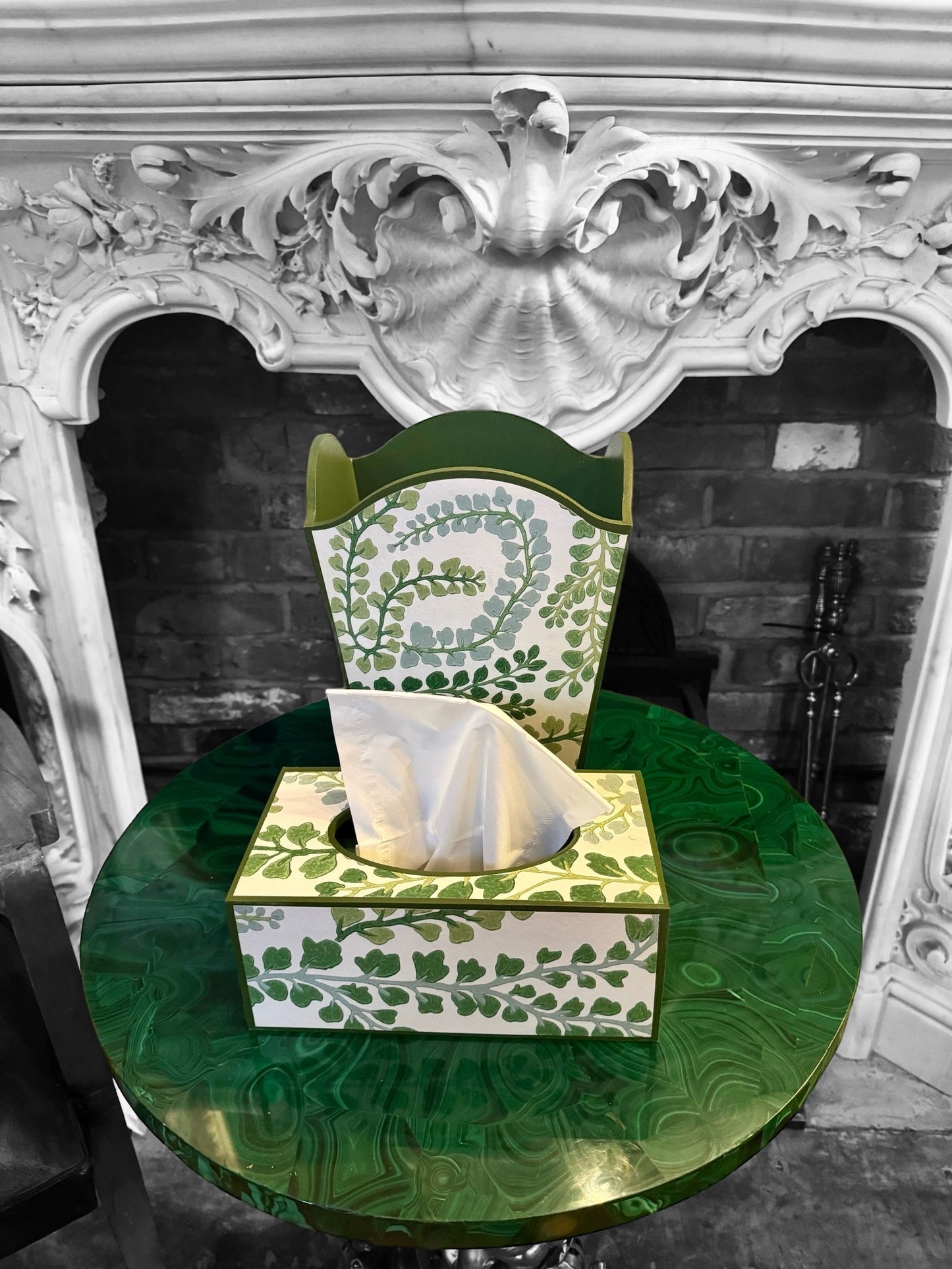 BARNES - waste paper bin & rectangle tissue box cover - Decoupage in Fayola/Harlequin in clover/chalk colour way.