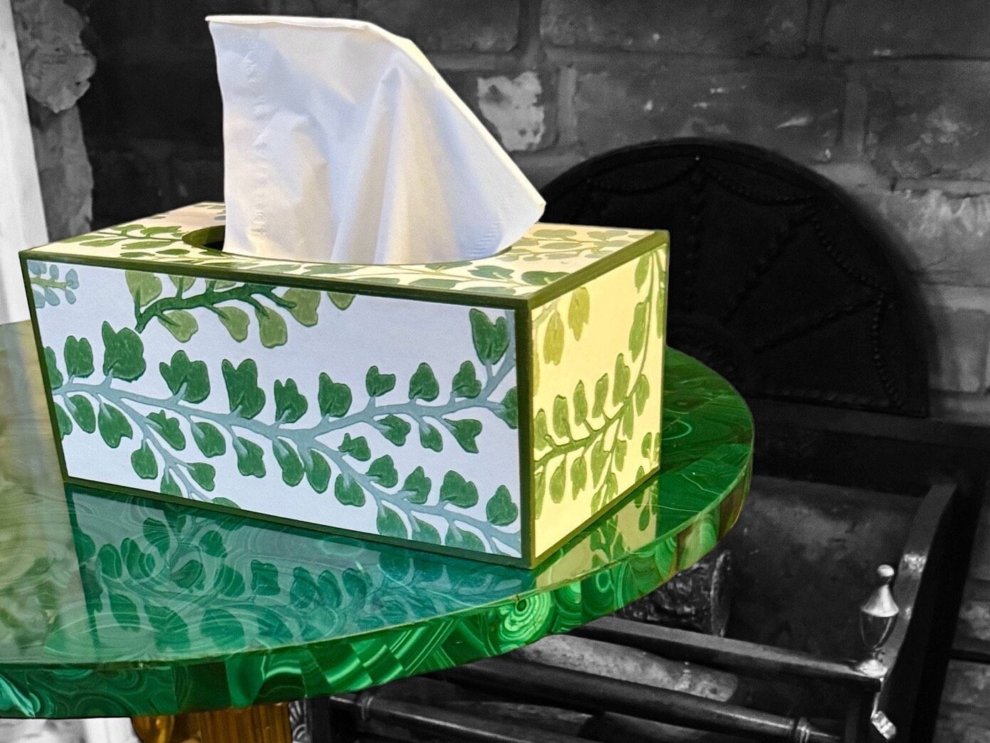 BARNES - rectangle tissue box cover - Decoupage in Fayola/Harlequin in clover/chalk colour way.