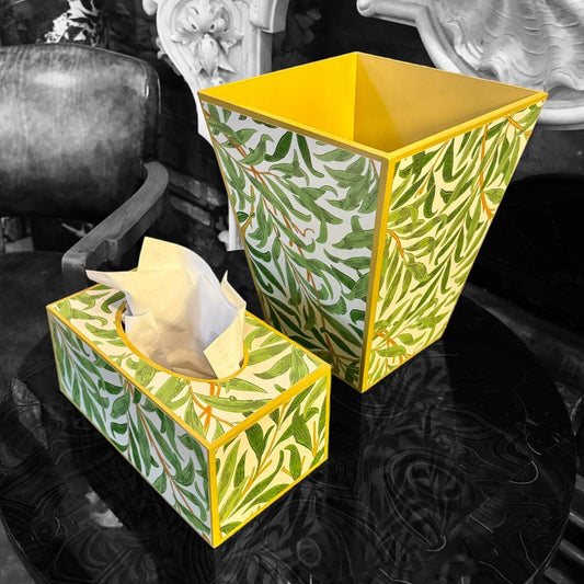 BROADSTAIRS - Waste paper bin & rectangle tissue box cover - Decoupage in Willow Boughs Cornubia/Morris & Co in green colourway