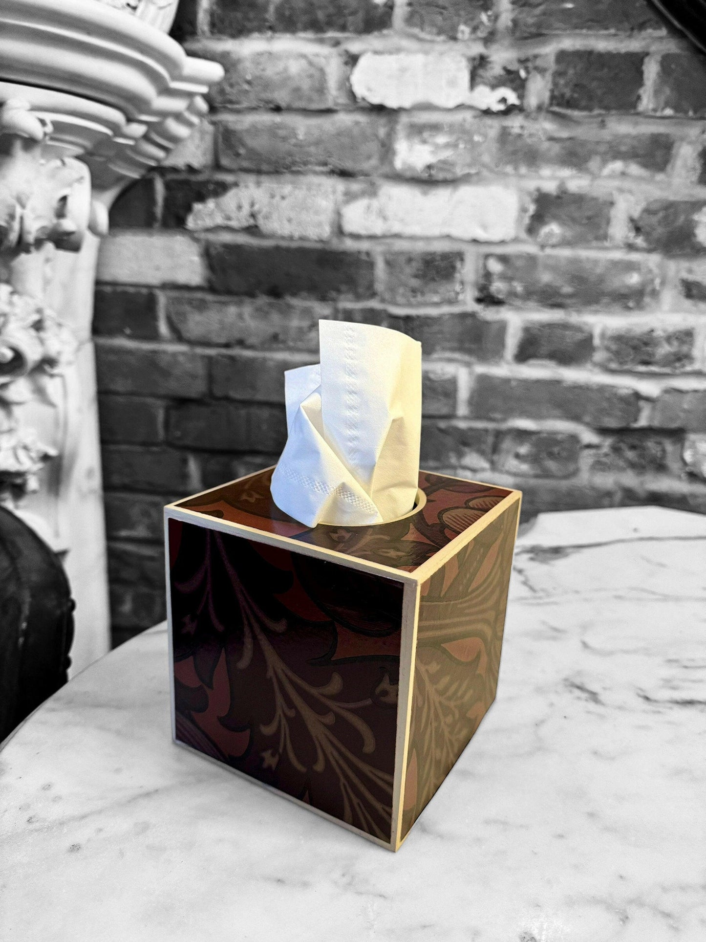 CAMDEN - Square tissue box cover - Decoupage in Artichoke/Morris & Co/Sanderson in wine colourway.