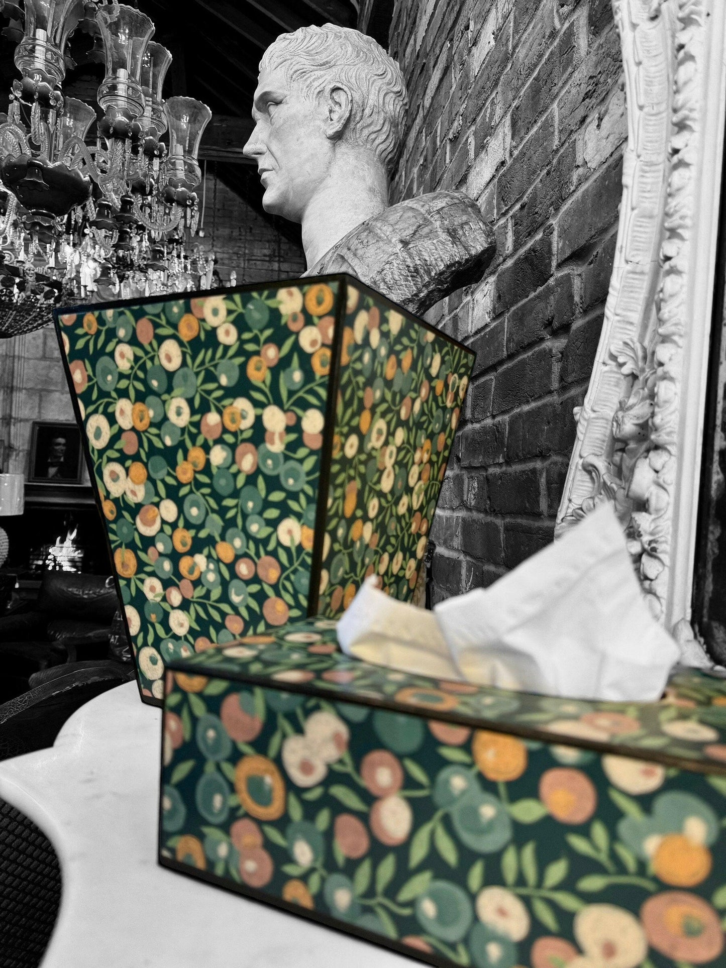 CARNABY - Waste paper bin & rectangle tissue box cover - Decoupage in Liberty London/Wiltshire in Lechen colourway.