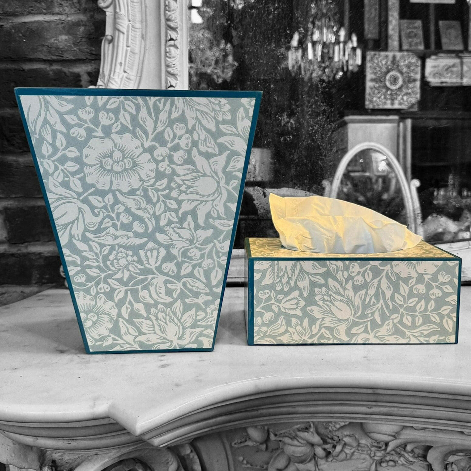 CHELSEA - Waste paper bin & rectangle tissue box cover - Decoupage in Mallow/Morris & Co in Chalk/Duck Egg colour way..