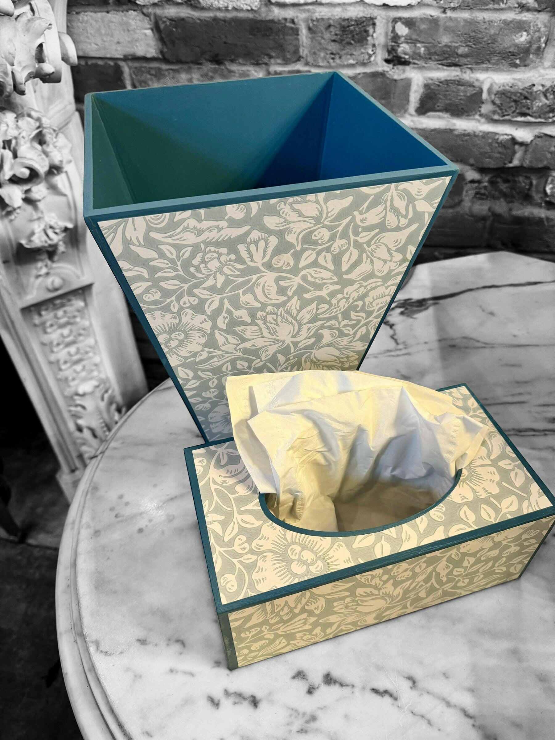 CHELSEA - Waste paper bin & rectangle tissue box cover - Decoupage in Mallow/Morris & Co in Chalk/Duck Egg colour way..