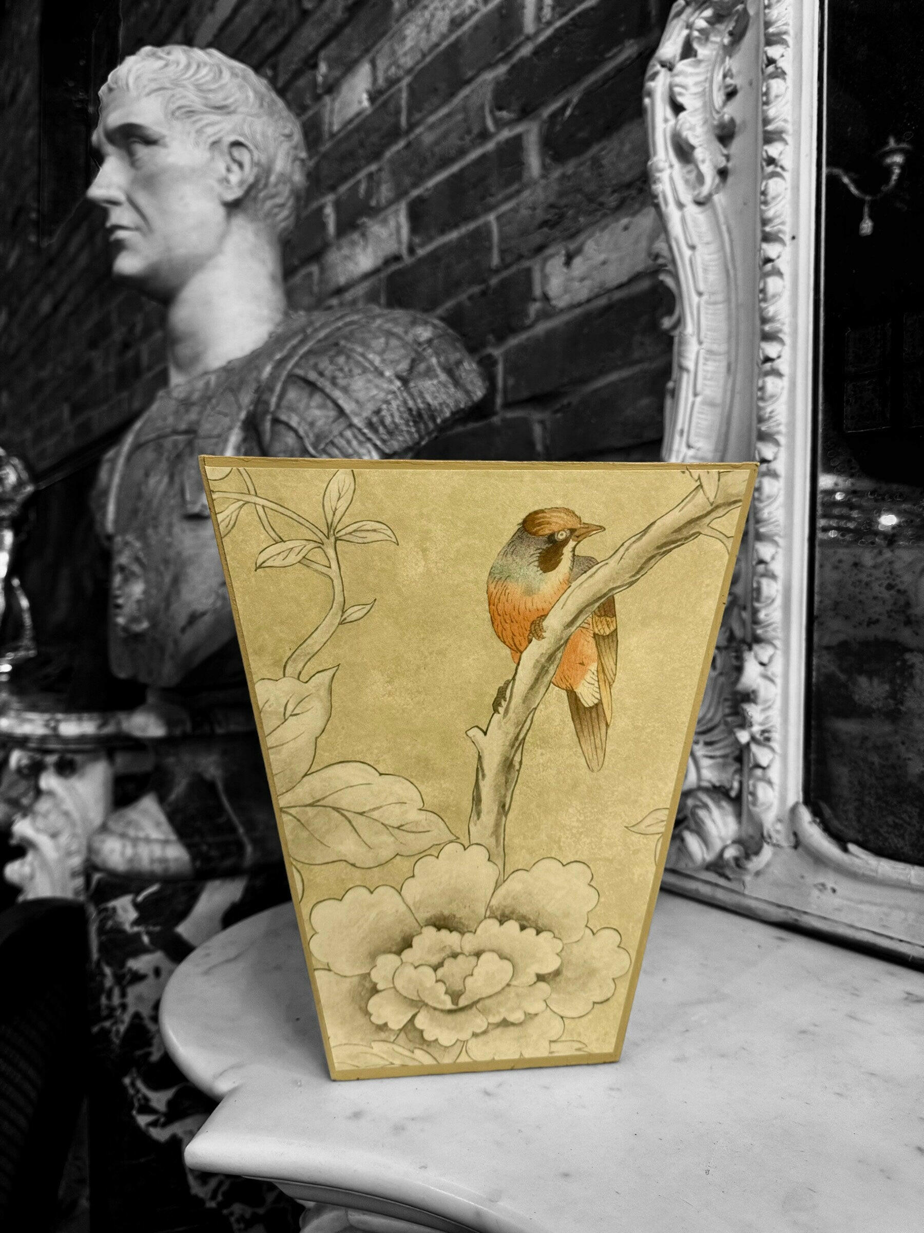 CHISWICK - Waste paper bin & square tissue box holder - Decoupage in Chiswick Grove Grove/Sanderson in gold colourway..