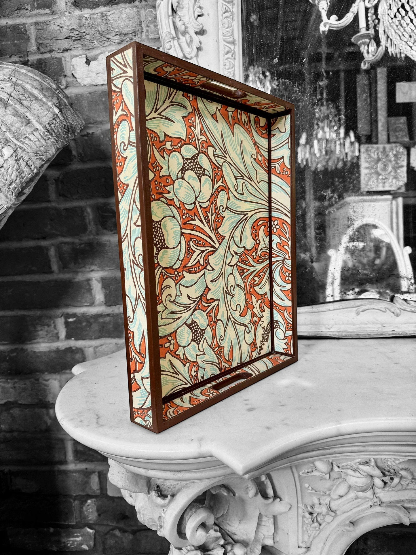 CLERKENWELL **LIMITED EDITION** Medium tray - Decoupaged in Batchelor's Button/Morris &Co - colourway burnt orange/sky..