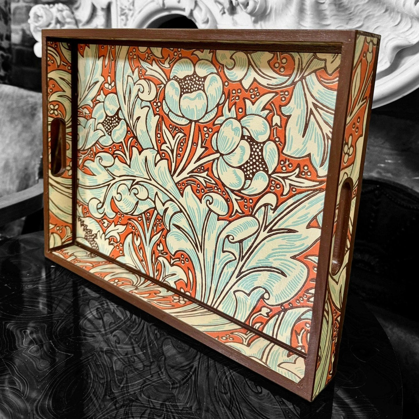 CLERKENWELL **LIMITED EDITION** Medium tray - Decoupaged in Batchelor's Button/Morris &Co - colourway burnt orange/sky..