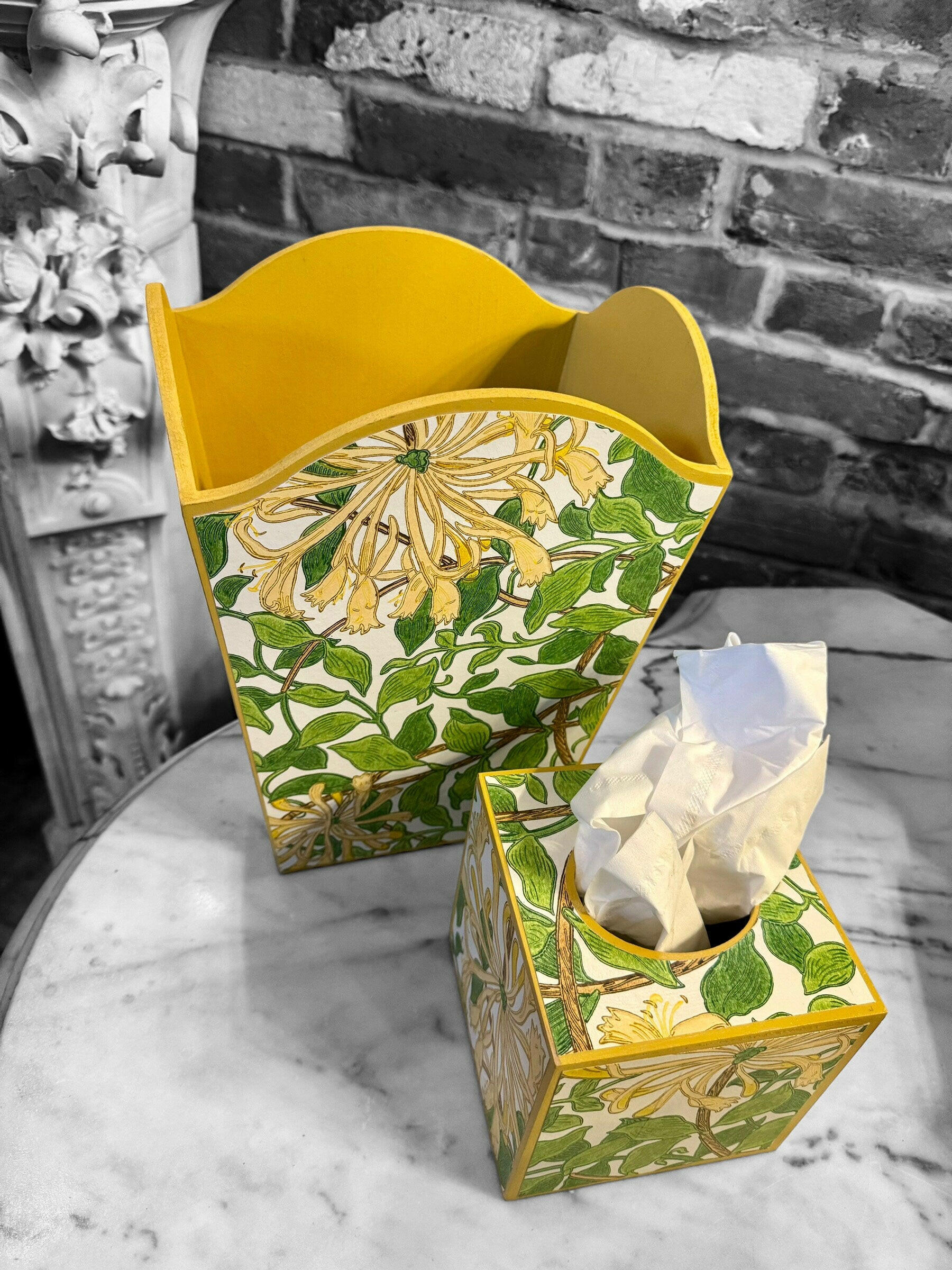 DALSTON **LIMITED EDITION** Waste paper bin & square tissue box cover - Decoupage in Honeysuckle/Morris & Co in Cream/Chocolate colour way..