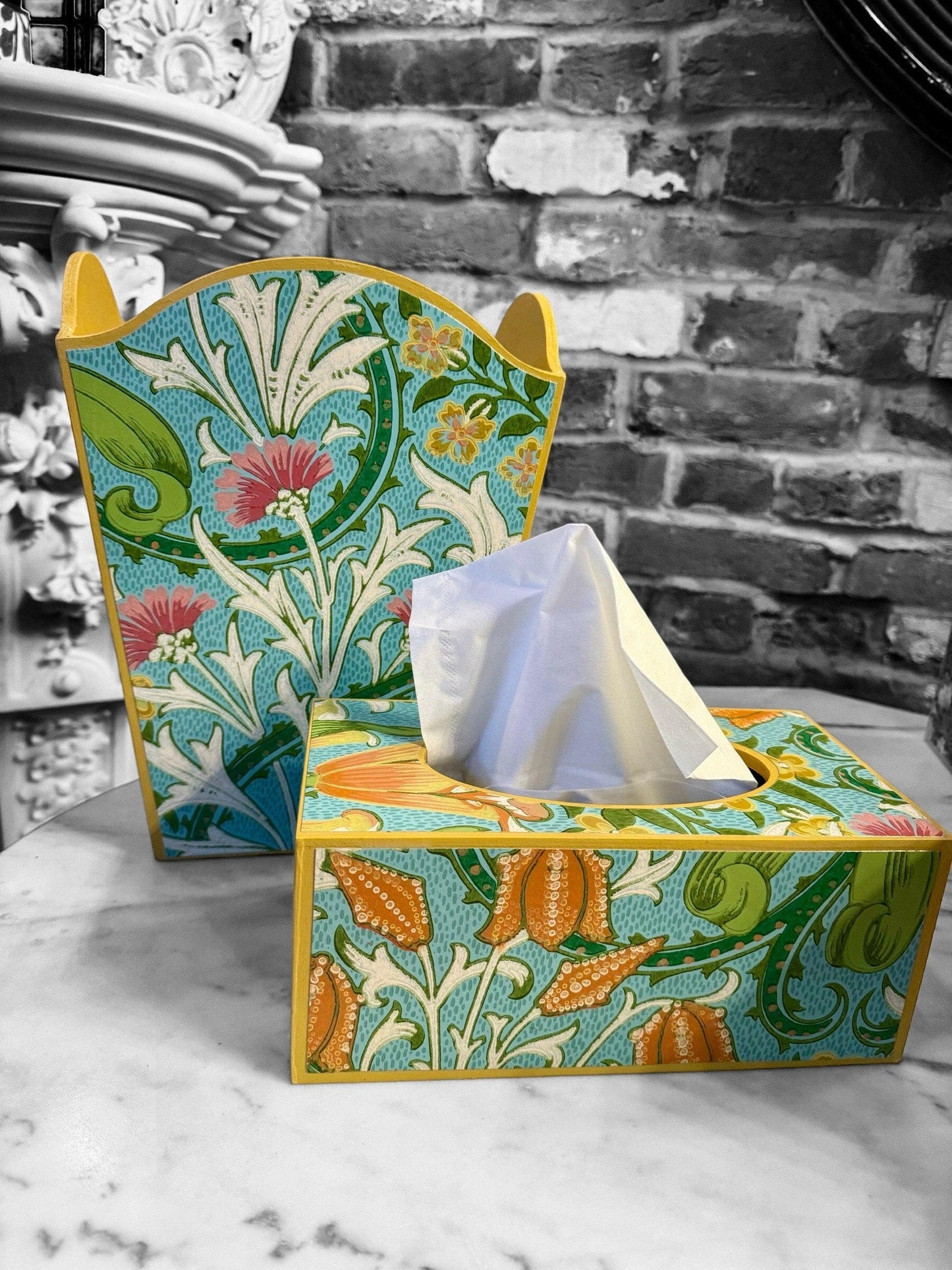 HIGHGATE **LIMITED EDITION** Waste paper bin & tissue box cover  - Decoupage in Woodland Weeds Cornubia/Ben Pentreath/Morris & Co in orange/turquoise colourway..