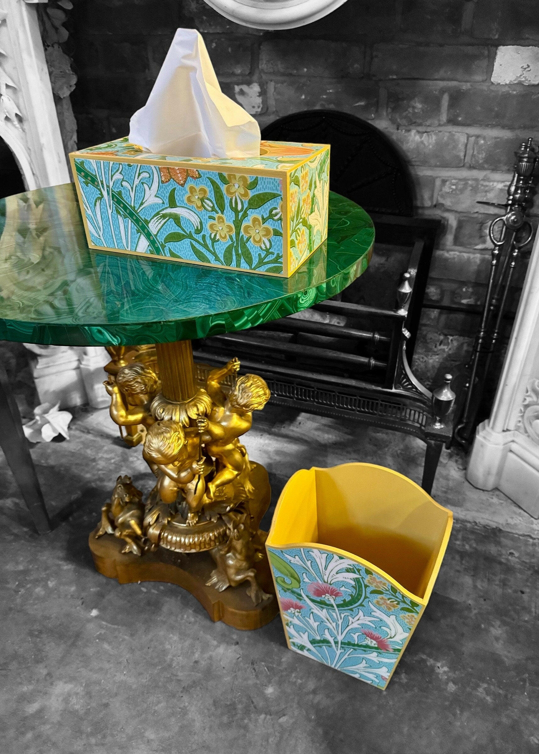 HIGHGATE **LIMITED EDITION** Waste paper bin & tissue box cover  - Decoupage in Woodland Weeds Cornubia/Ben Pentreath/Morris & Co in orange/turquoise colourway..