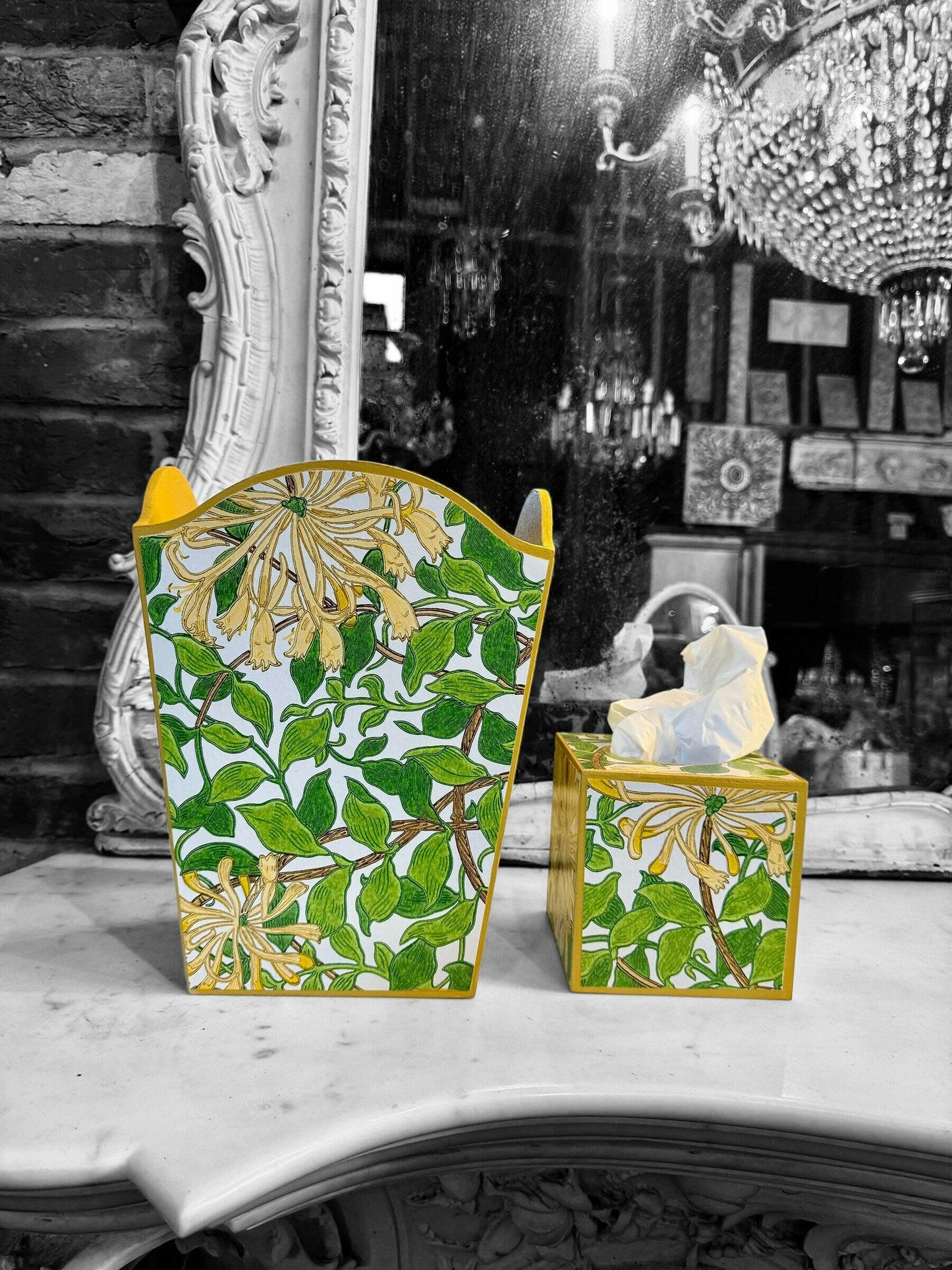 DALSTON **LIMITED EDITION** Waste paper bin & square tissue box cover - Decoupage in Honeysuckle/Morris & Co in Cream/Chocolate colour way..