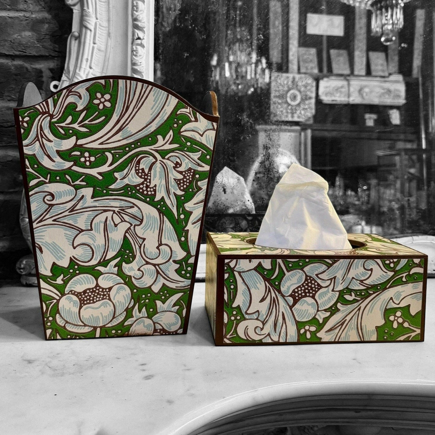 CLERKENWELL **LIMITED EDITION** Waste paper bin & rectangle tissue box cover - Decoupaged in Batchelor's Button/Morris &Co - colourway leaf green/sky..