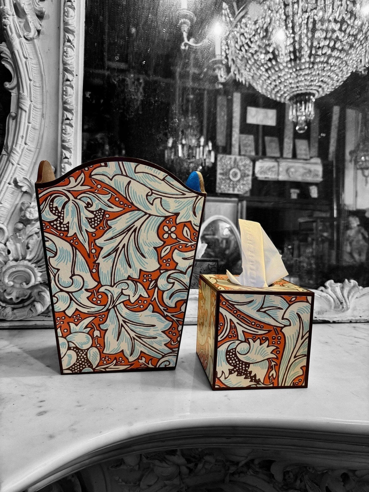 CLERKENWELL **LIMITED EDITION** Waste paper bin & square tissue box cover - Decoupaged in Batchelor's Button/Morris &Co - colourway burnt orange/sky..