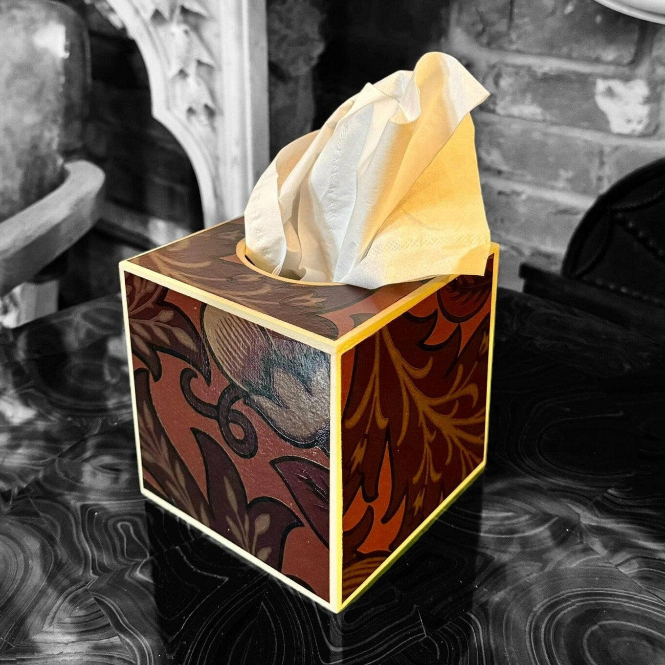 CAMDEN - Square tissue box cover - Decoupage in Artichoke/Morris & Co/Sanderson in wine colourway.