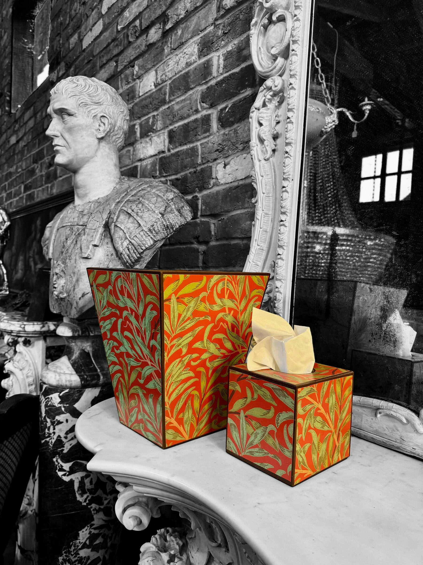 HOLBORN - Waste paper bin & tissue box cover - Decoupage in Willow Boughs/Morris & Co in Tomato/Olive colourway.