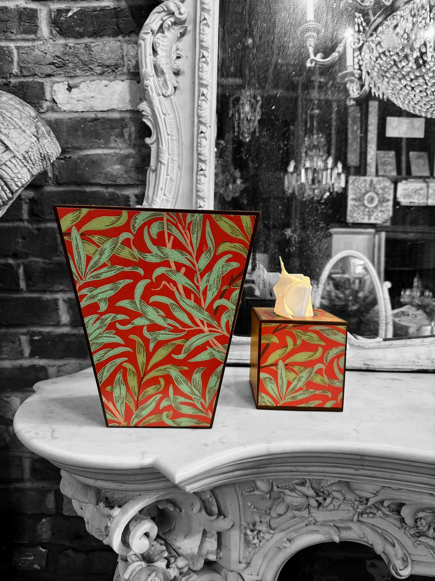 HOLBORN - Waste paper bin & tissue box cover - Decoupage in Willow Boughs/Morris & Co in Tomato/Olive colourway.