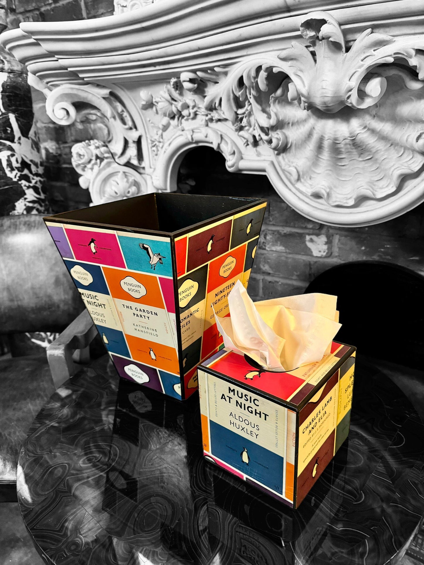 Oxford Waste paper bin & tissue box cover, bedroom bin, study bin, bathroom bin Penguin Library. Handmade by Beatrice Bloom London