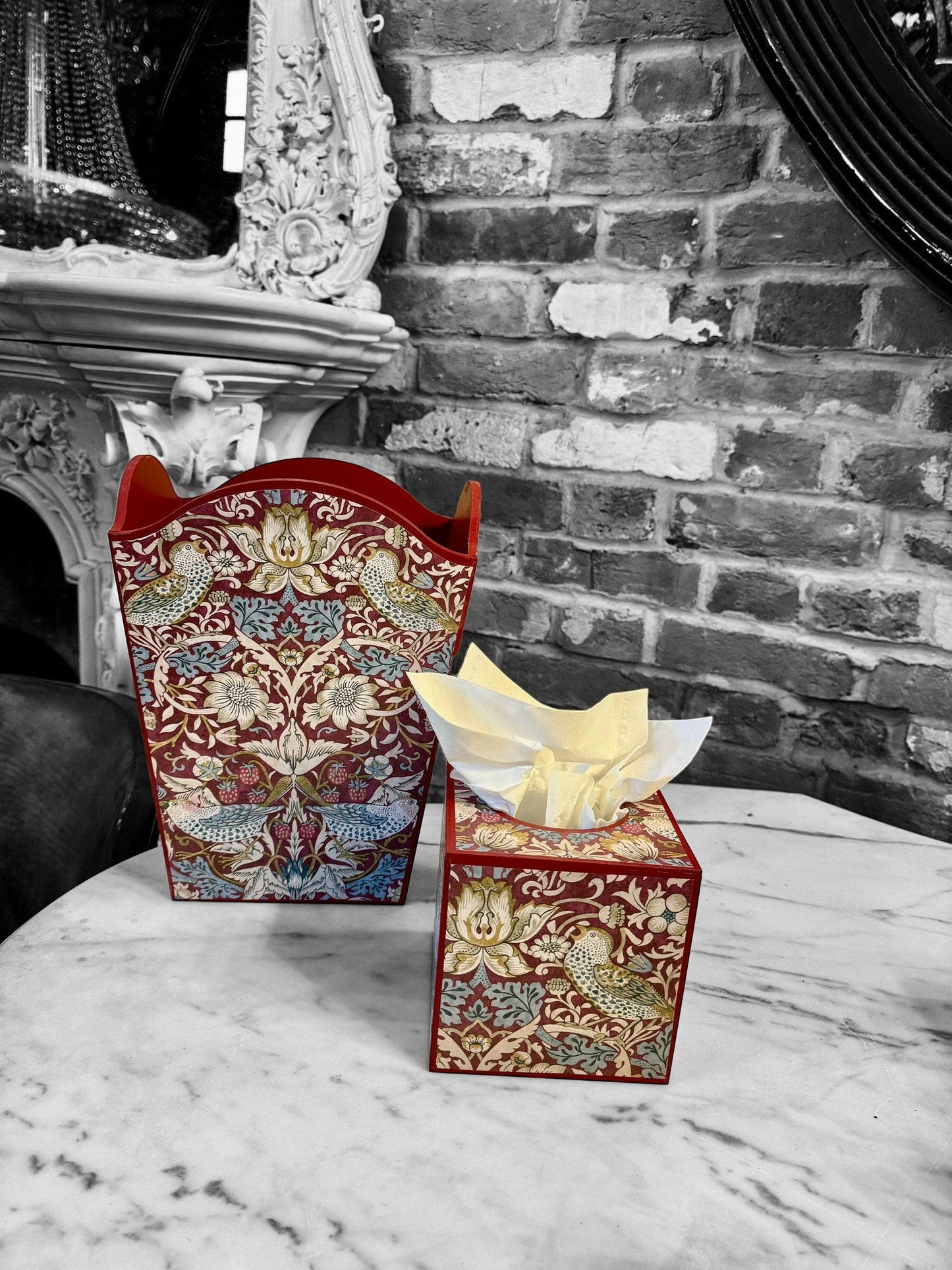 KELMSCOTT PLUM - Waste paper bin & square tissue box cover - Decoupage in Strawberry Thief/Clarke & Clarke in plum colourway..