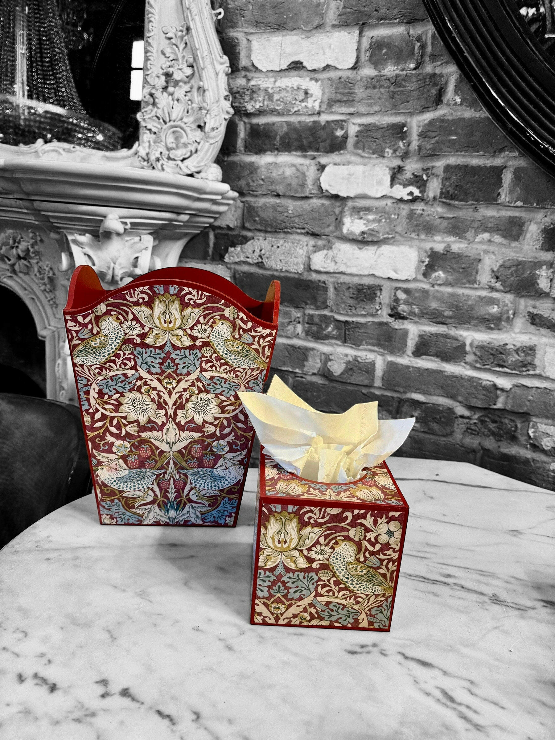 KELMSCOTT PLUM - Waste paper bin & square tissue box cover - Decoupage in Strawberry Thief/Clarke & Clarke in plum colourway..