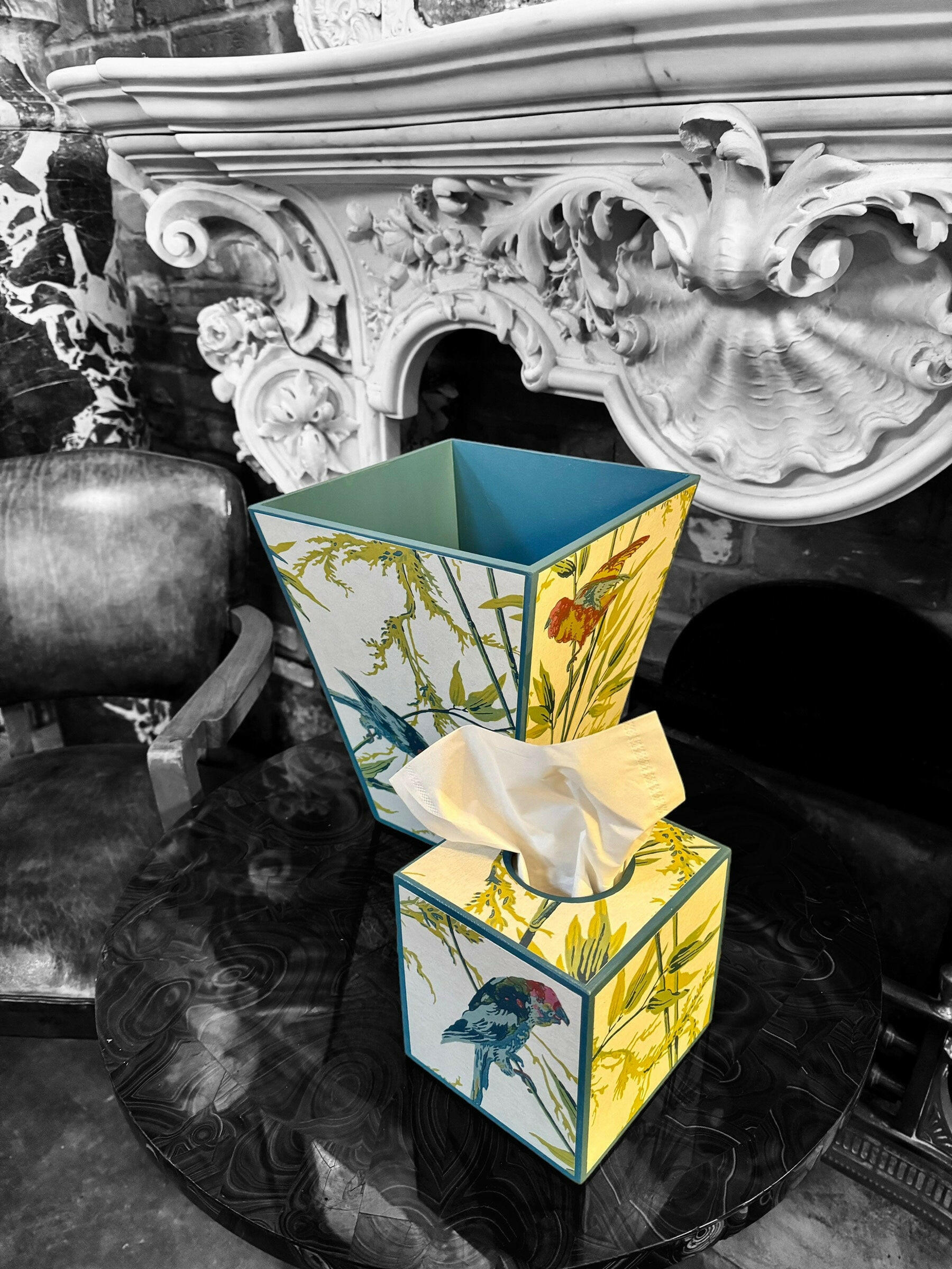 BLOOMSBURY - waste paper bin & rectangle tissue box cover - Decoupage in Great Ormond St/Little Greene.