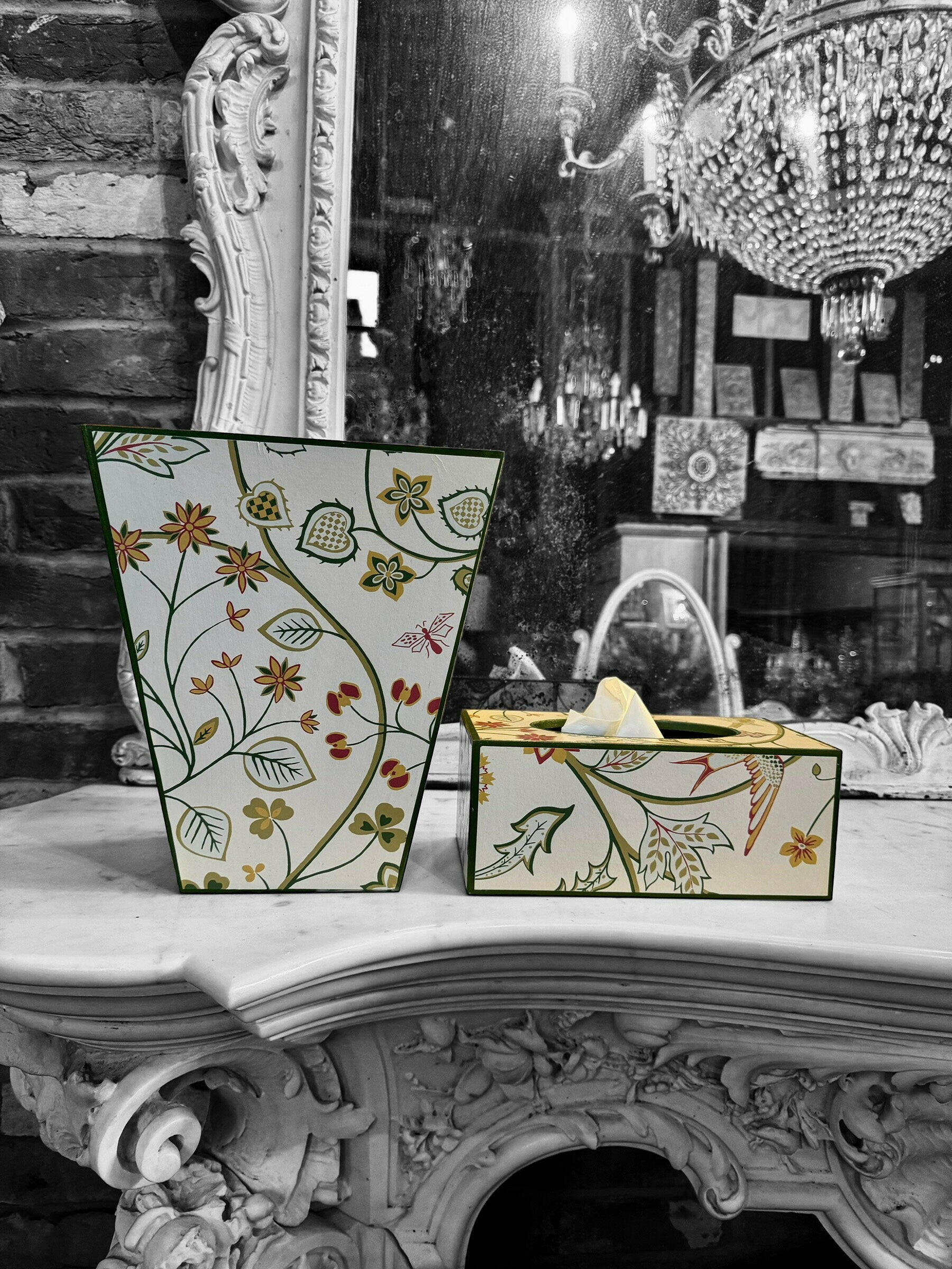 PIMLICO Waste paper bin & long tissue box cover - Decoupage in Newell/Morris and Co.