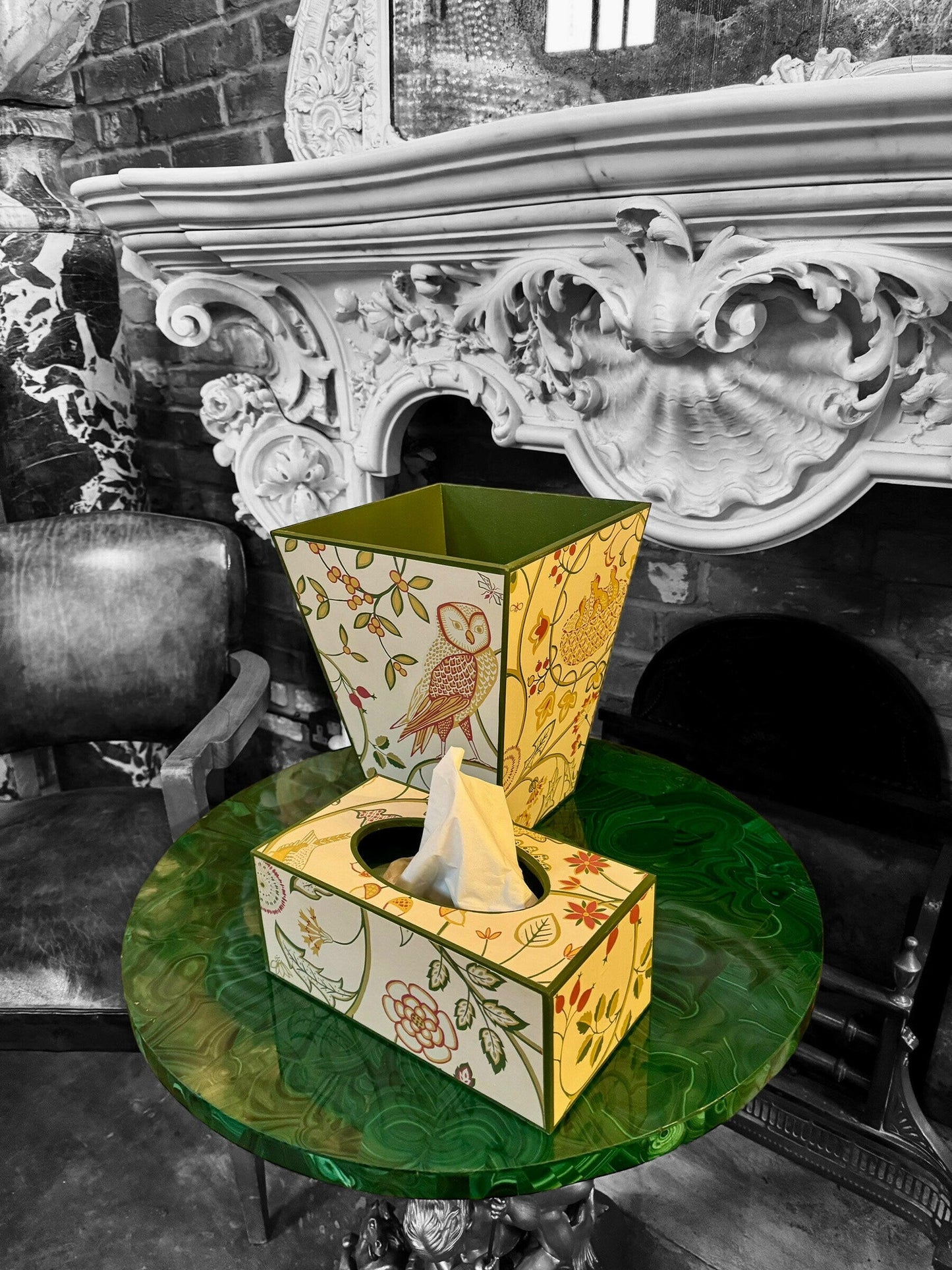 PIMLICO Waste paper bin & long tissue box cover - Decoupage in Newell/Morris and Co.