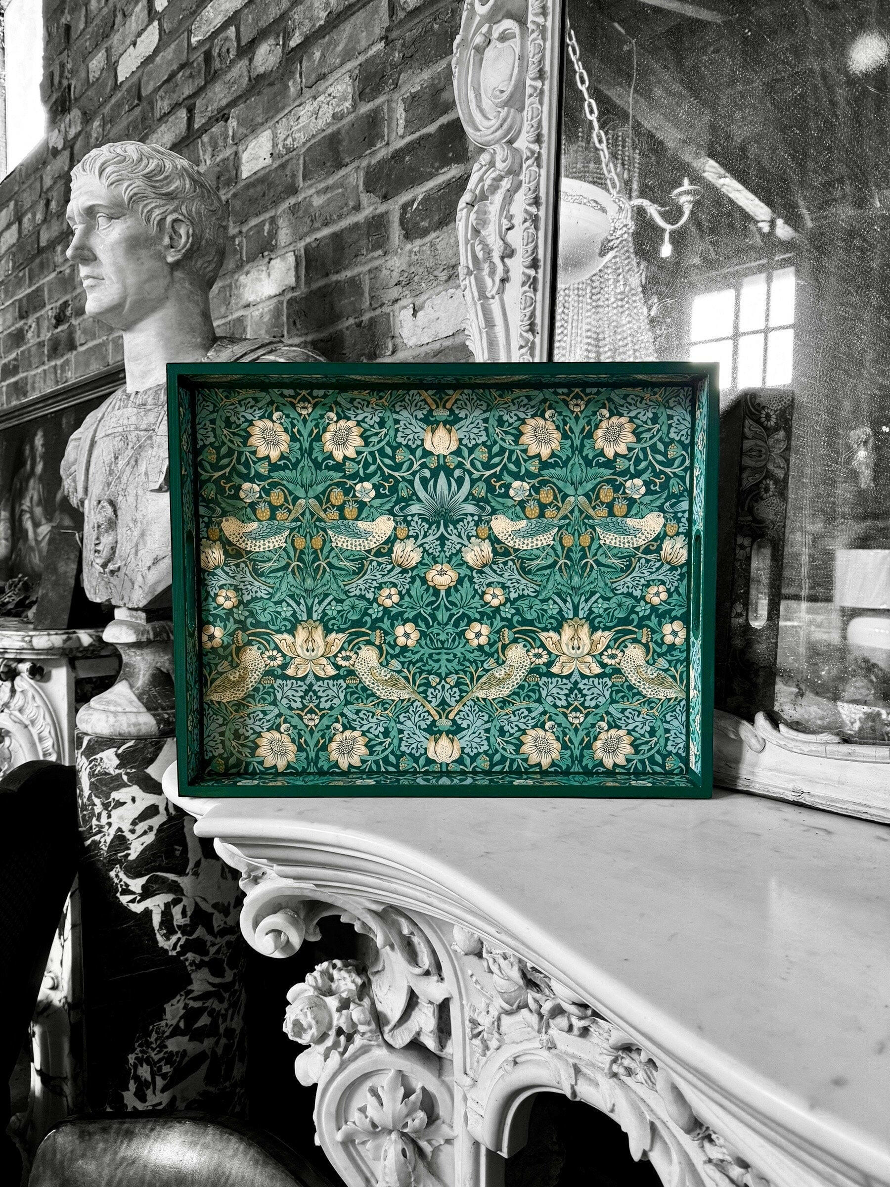 KELMSCOTT TEAL - Tray in 4 x sizes - Decoupage in Strawberry Thief/Clarke & Clarke in teal colourway..