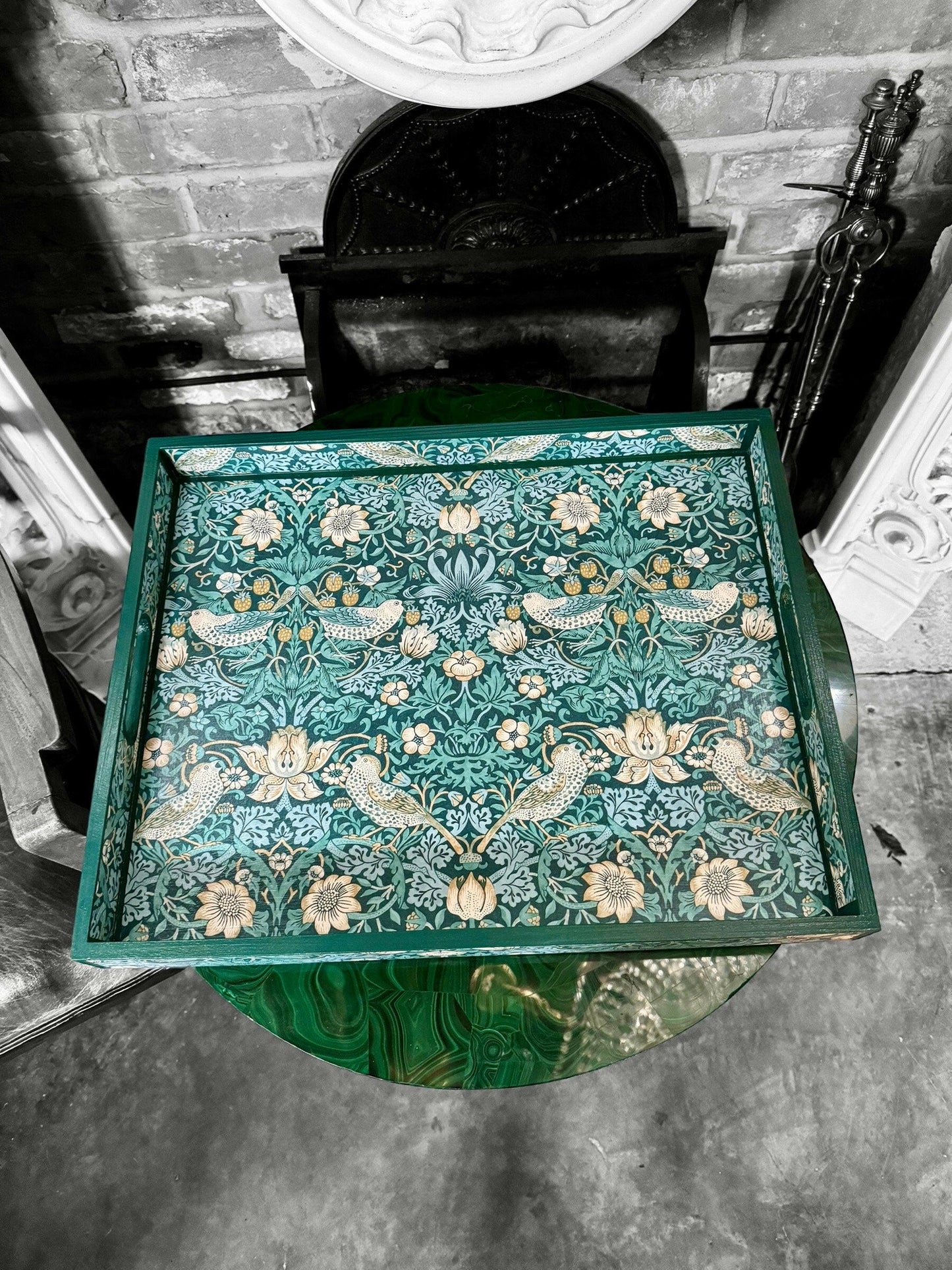 KELMSCOTT TEAL - Tray in 4 x sizes - Decoupage in Strawberry Thief/Clarke & Clarke in teal colourway..