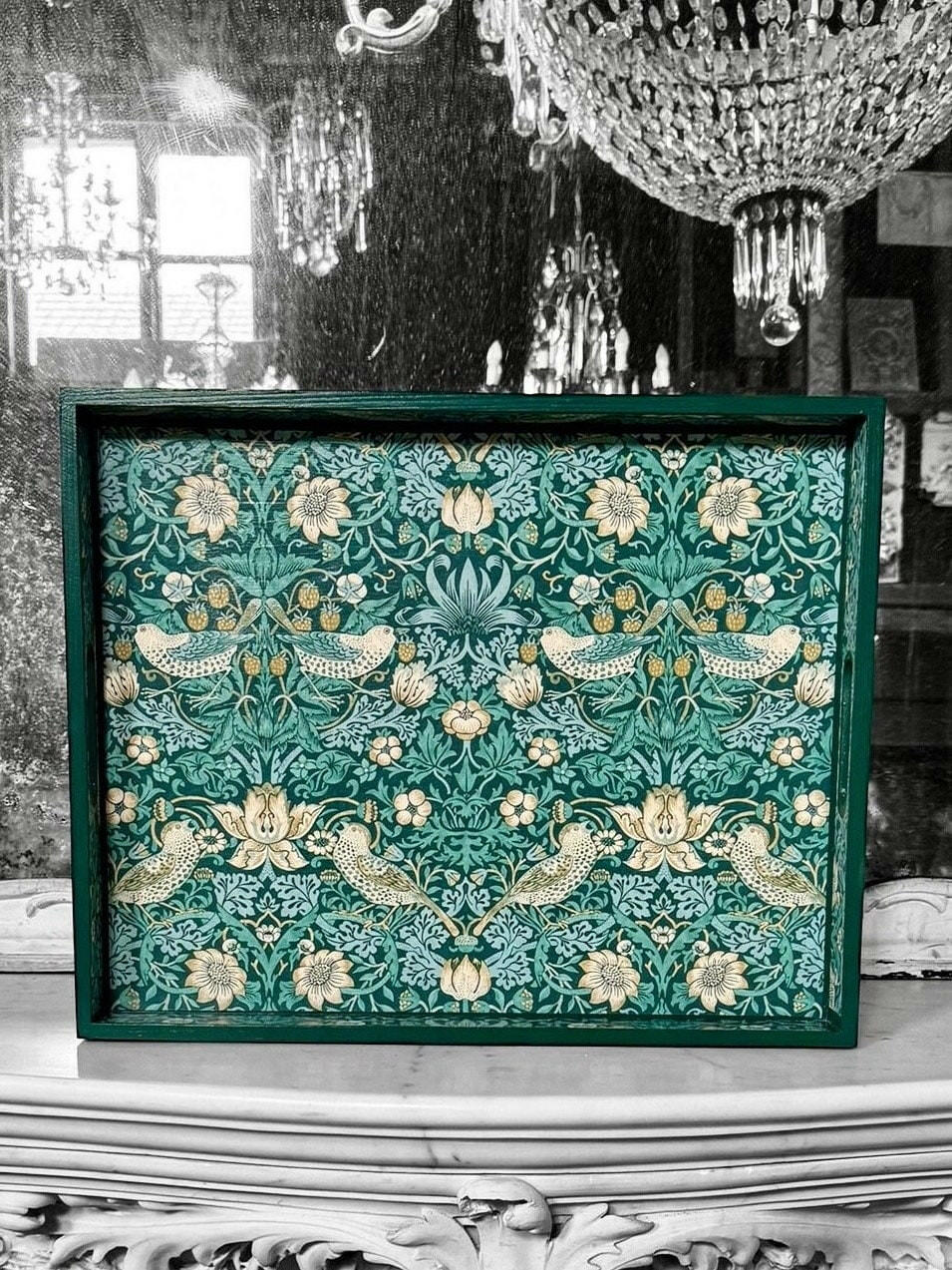 KELMSCOTT TEAL - Tray in 4 x sizes - Decoupage in Strawberry Thief/Clarke & Clarke in teal colourway..