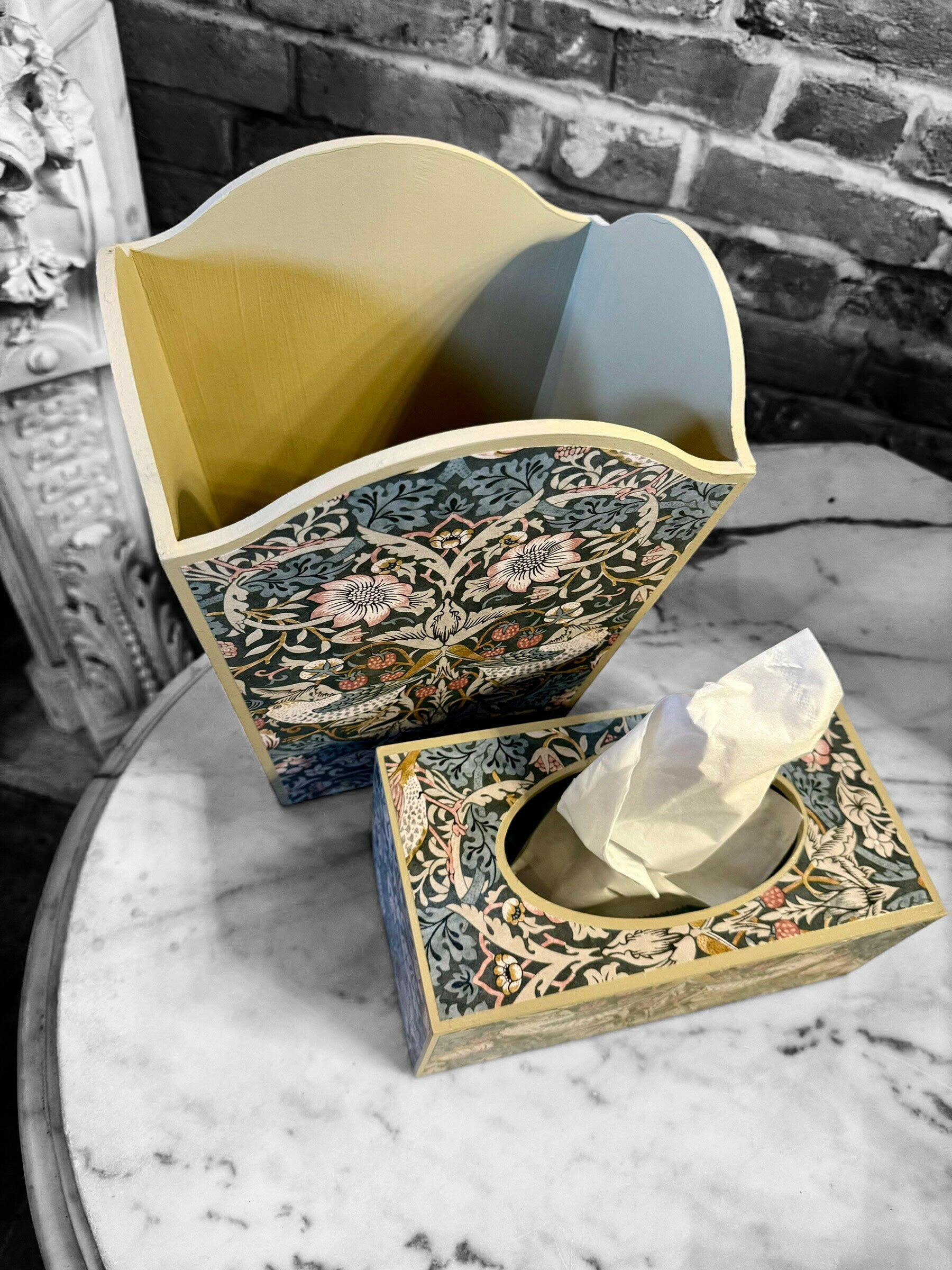 KELMSCOTT SLATE  - Waste paper bin & rectangle tissue box holder - Decoupage in Strawberry Thief/Clarke & Clarke in slate colourway..