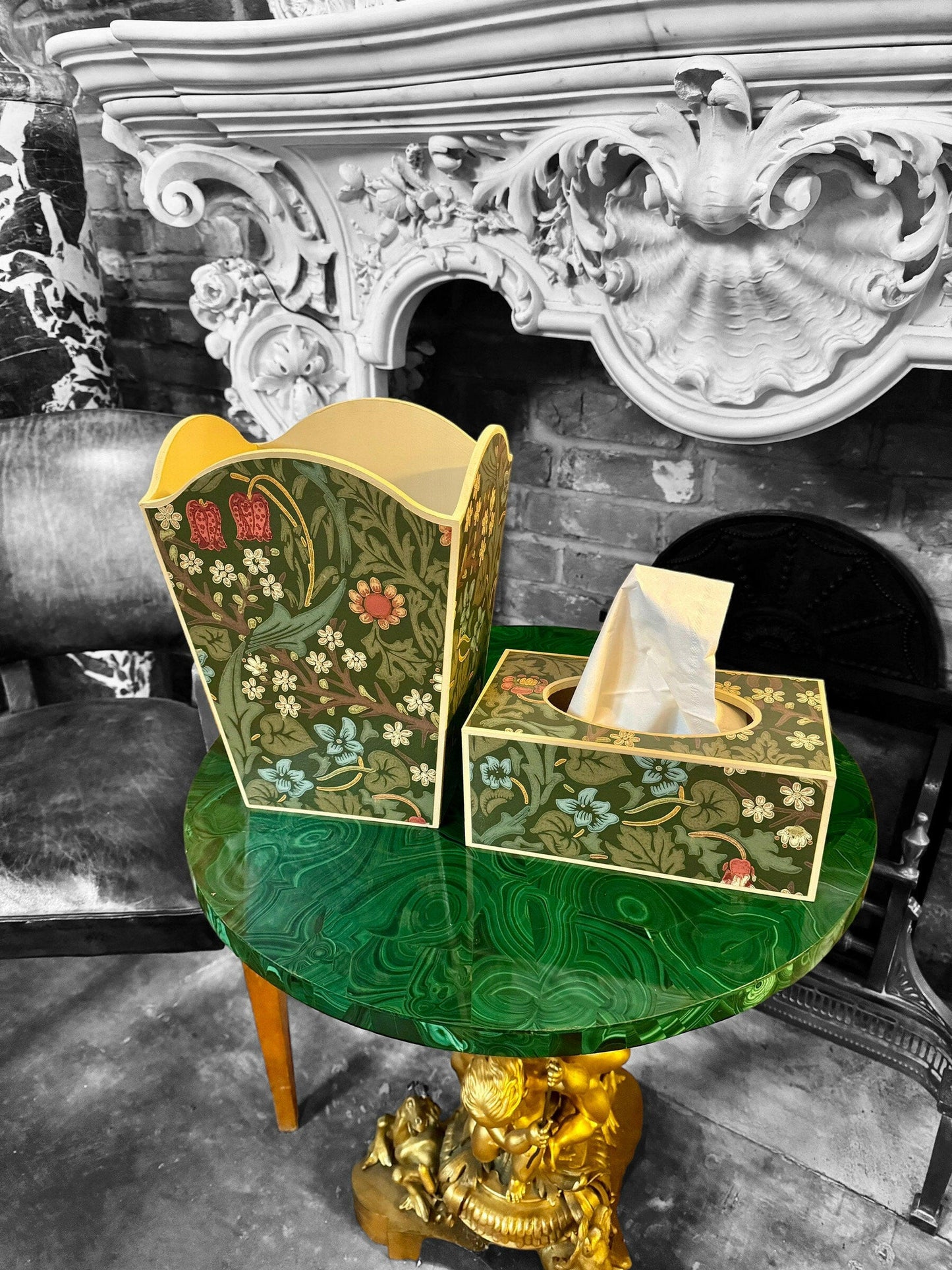 MARYLEBONE - Waste paper bin & rectangle tissue box cover - Decoupage in Blackthorn Archive/Morris&Co in green/red colourway..