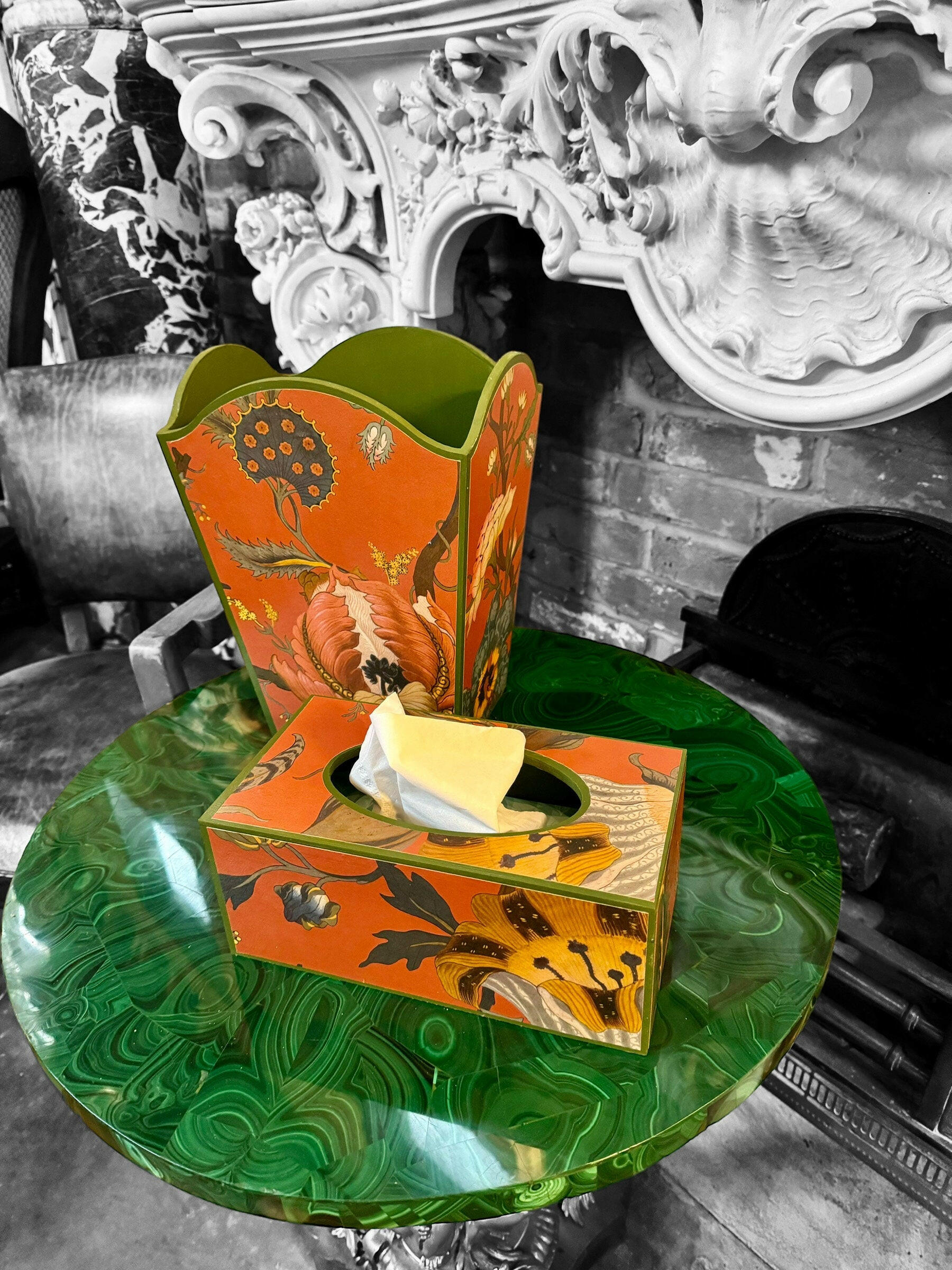 SHOREDITCH **LIMITED EDITION** Waste paper bin & rectangle or square tissue box - Decoupage in Artemis/House of Hackney in Sienna colourway.