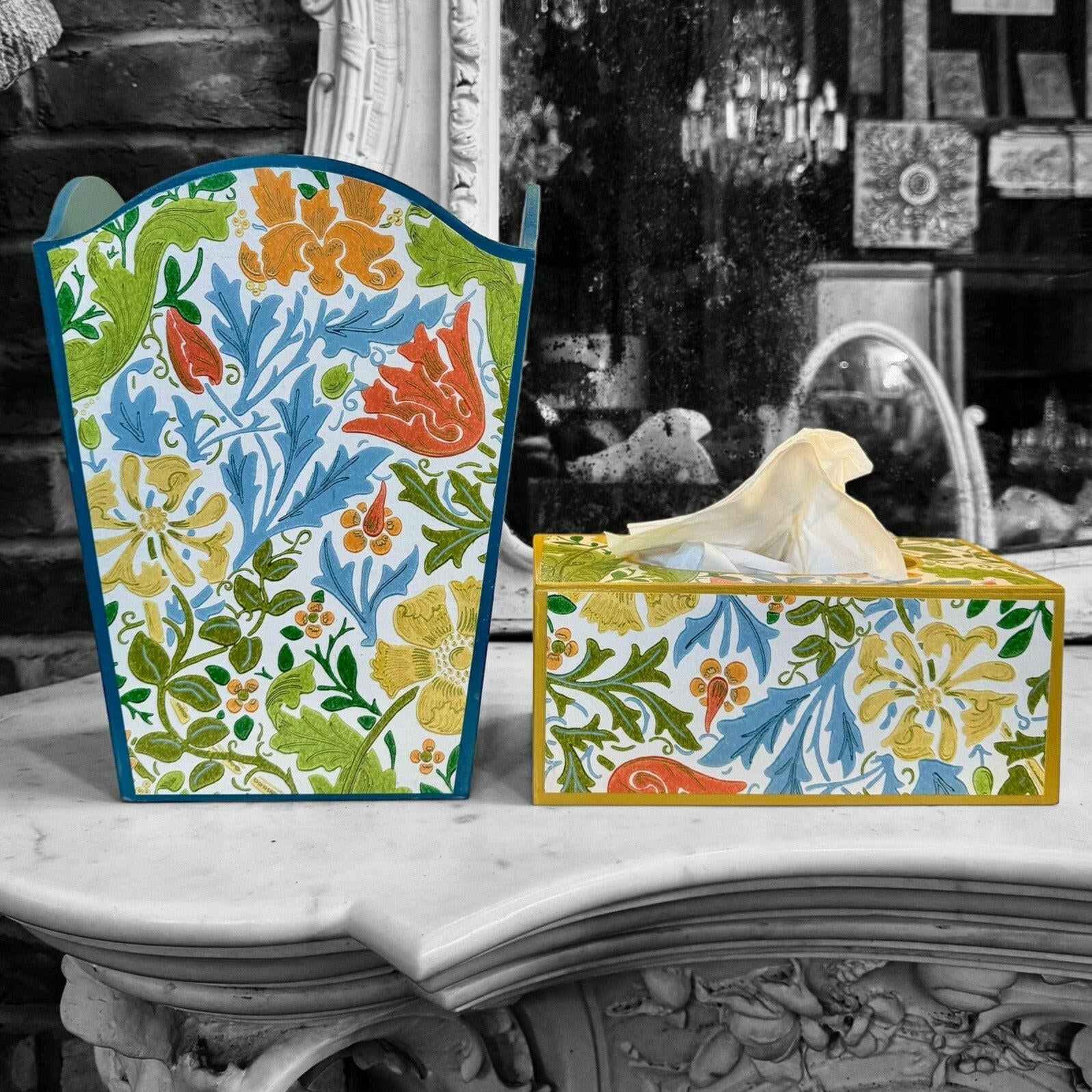 HAMPTON **LIMITED EDITION** Waste paper bin & tissue box cover - Decoupage Compton Spring/Cornubia/Ben Pentreath/Morris & Co.