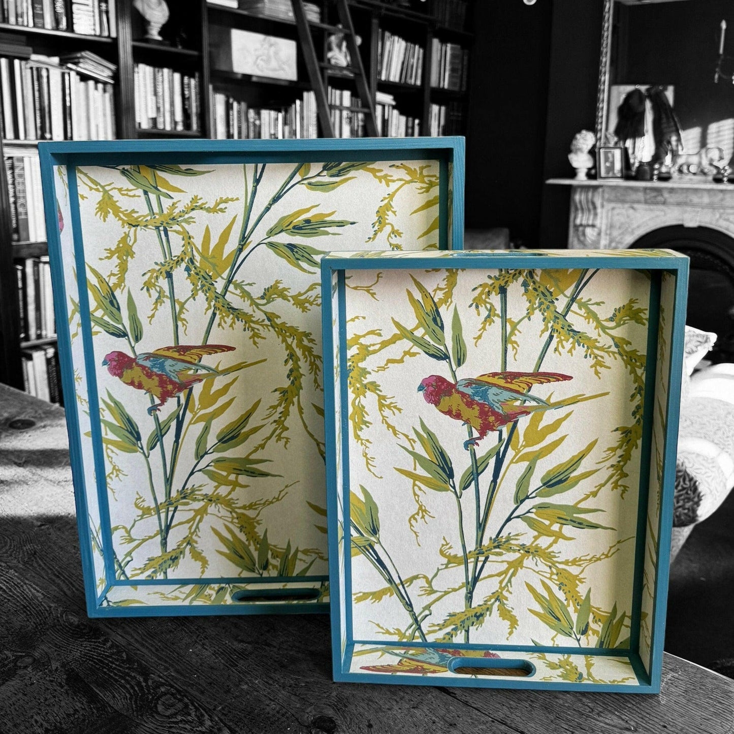 BLOOMSBURY tray in 4 sizes - Decoupage in Great Ormond St/Little Green in tropical colourway.