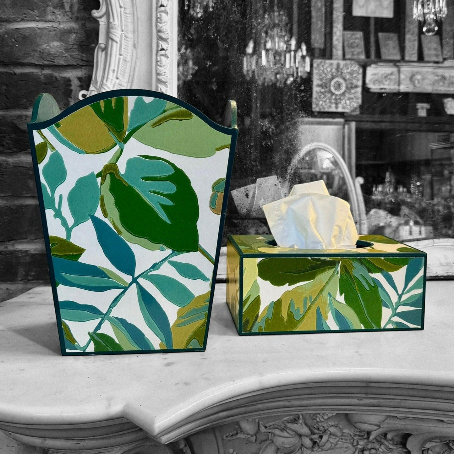 KENT - waste paper bin & rectangle tissue box cover - Robin's Wood/Sanderson botanical in green colourway..