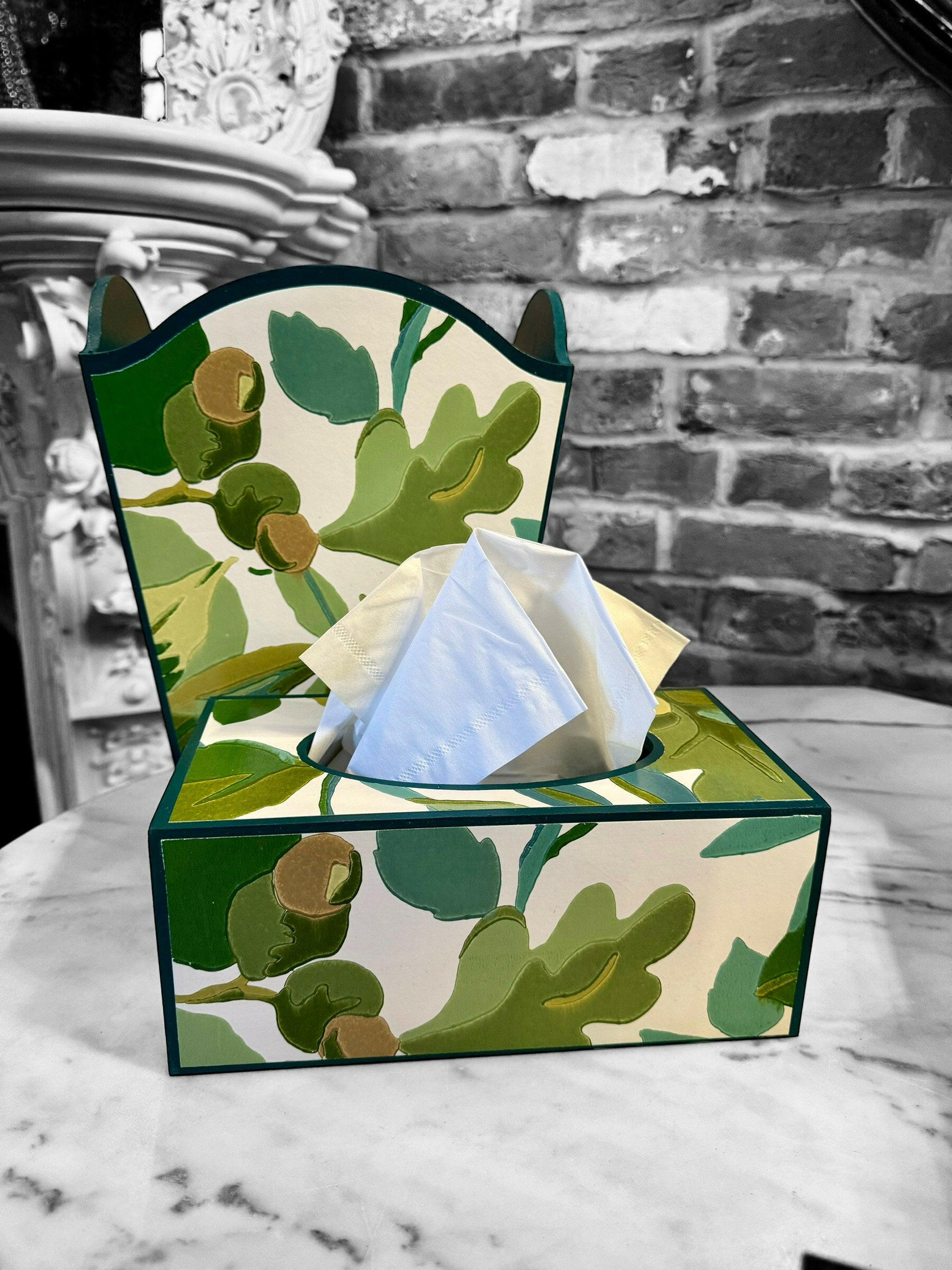 KENT - waste paper bin & rectangle tissue box cover - Robin's Wood/Sanderson botanical in green colourway..