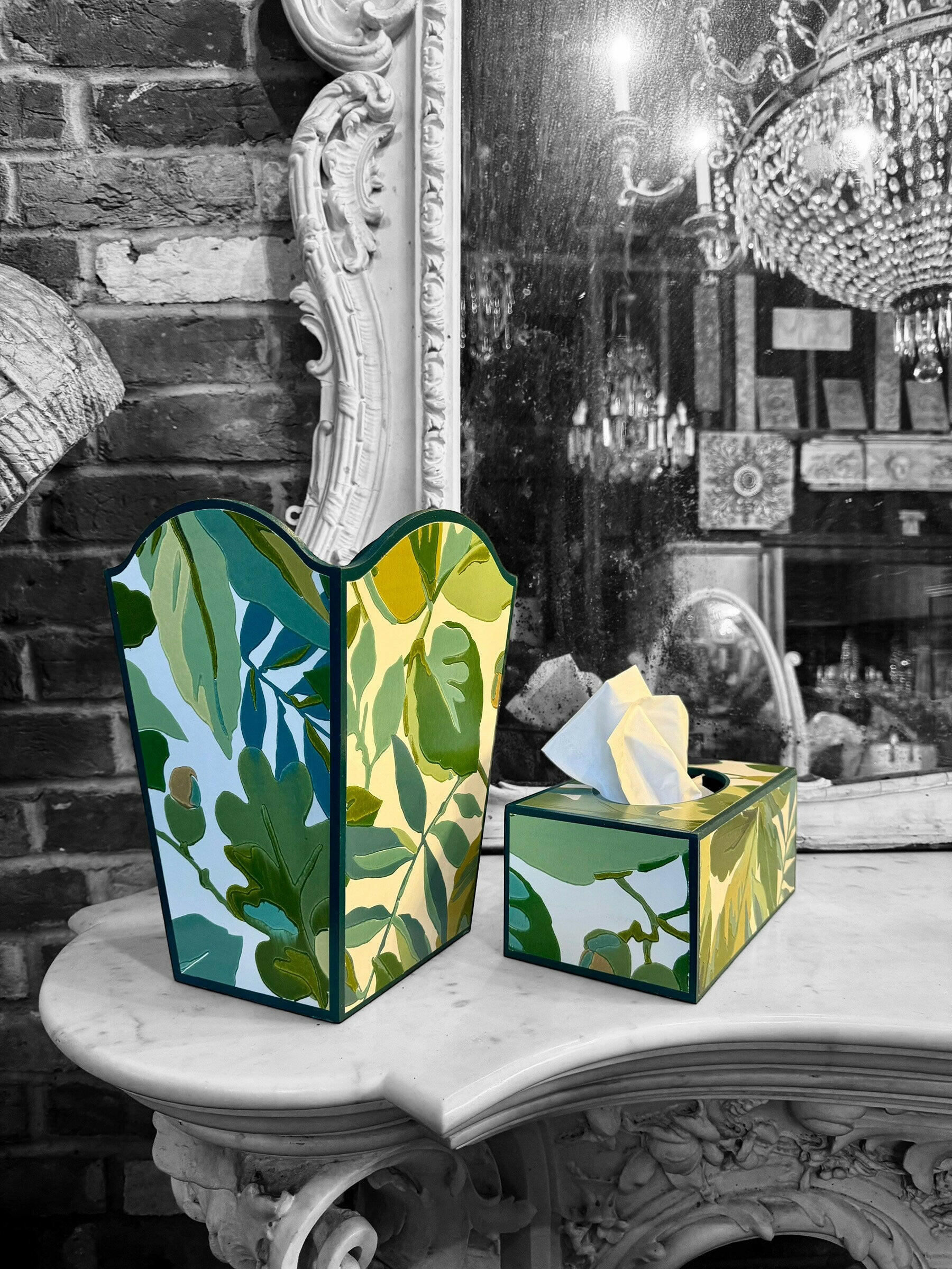 KENT - waste paper bin & rectangle tissue box cover - Robin's Wood/Sanderson botanical in green colourway..