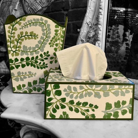 BARNES - waste paper bin & rectangle tissue box cover - Decoupage in Fayola/Harlequin in clover/chalk colour way.